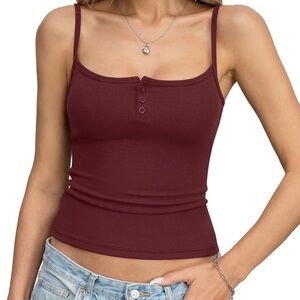 Womens Cotton Ribbed Henley Tank Tops Square Neck Camisole Adjustable Spaghetti